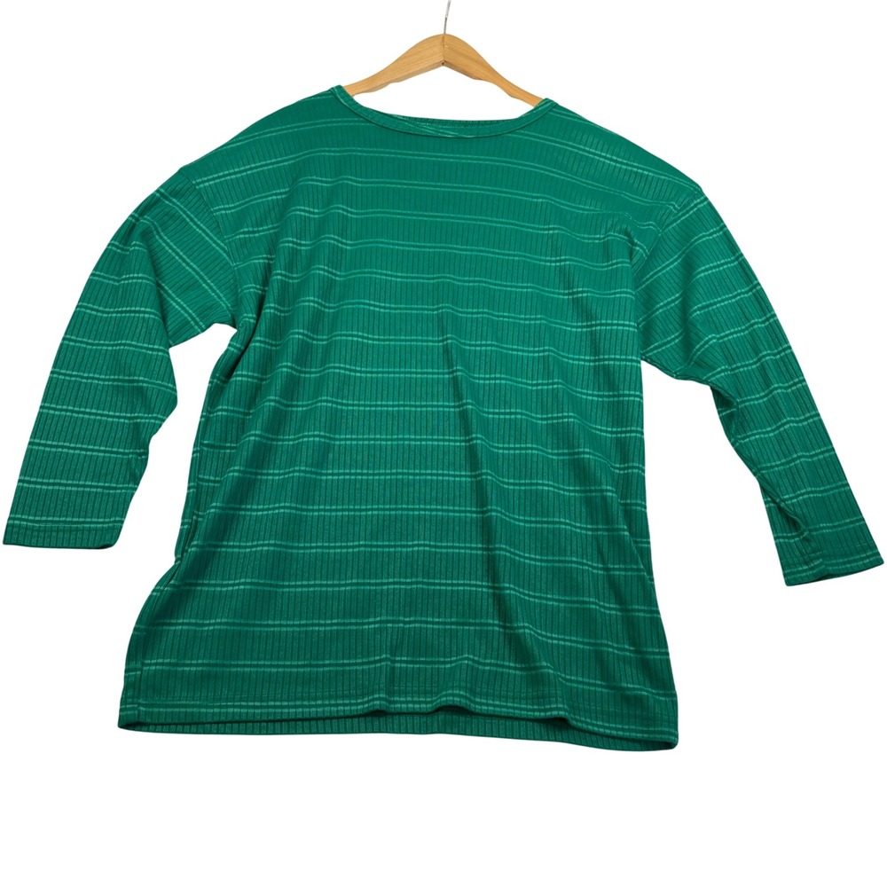Huntington Ridge Green Ribbed Striped Long Sleeve Top Large R8566 Cotton Blend